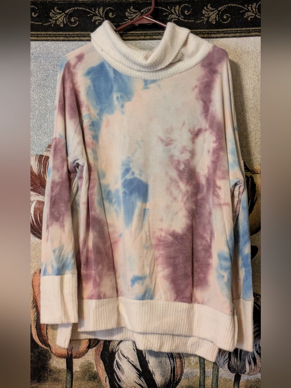 white birch Tie-Dye Cowl Neck Sweater in Blue, Mauve & Cream